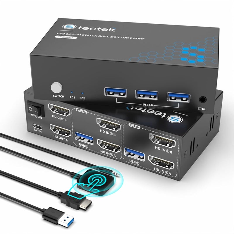 Hearvo مفتاح KVM HDMI لشاشتين وكمبيوتريين، USB 3.0، 4K@60Hz، مفاتيح KVM لمشاركة لوحة المفاتيح والفأرة والطابعة بين 2 كمبيوتر، مع EDID، 2 كابل USB ووحدة تحكم - S7232H2 - Image 1